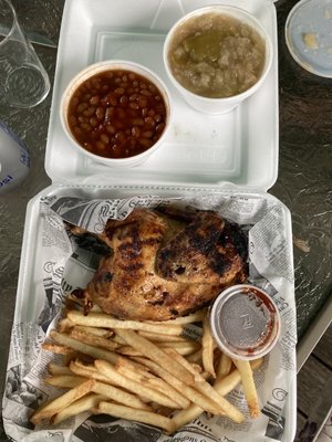 Grilled chicken , baked beans and applesauce