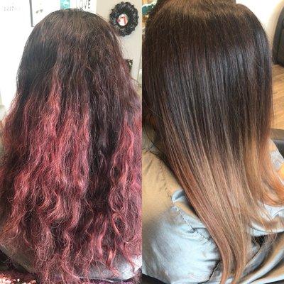 Color correction, red to blonde process