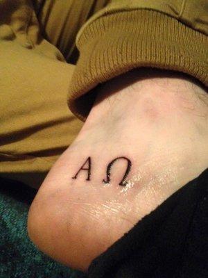 Alpha omega foot tattoo