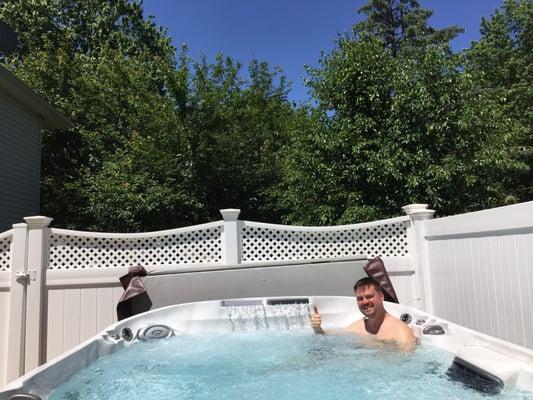 Dad enjoying the beautiful new hot tub on Father's Day! What better way!? He truly deserves it!!