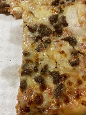 Closeup of top of Hamburger and Onion pizza Gross