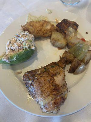 Tuna in avocado half, breaded catfish nuggets, roasted potatoes, baked chicken, Mothers Day Brunch 2024.