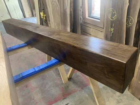 Black walnut fireplace mantel