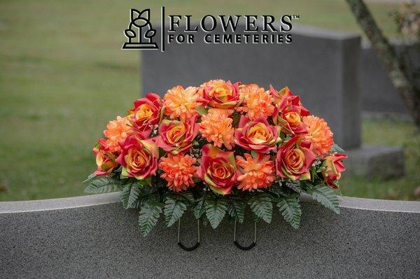 Sunset Orange Open Rose with Orange Mum Cemetery Saddle.