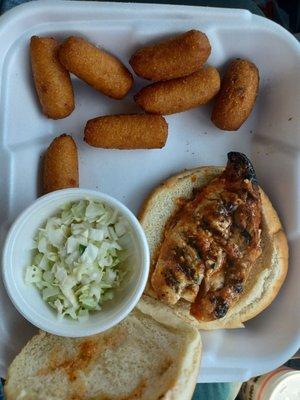 Cajun chicken tray Cole slaw n hush puppies