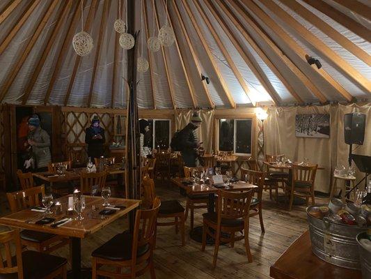 Inside the yurt. Fully vaxxed dinner