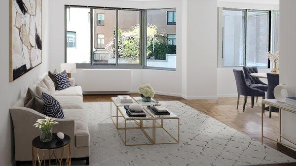 The living space in a luxury NYC apartment at The Grand Tier in Upper West Side Manhattan