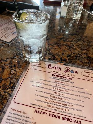 Menu and love that water comes with a cucumber!