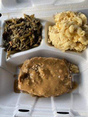 Turkey meatloaf, mac n cheese, greens.