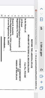 Disaplanary action by The Arizona State Board of Technical Licensing