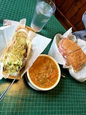 Gyro, chicken gumbo soup, 1/2 Combo sub (from left to right)