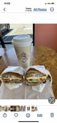 Sausage and Egg Croissant Sandwiches with Decaffeinated Coffee.