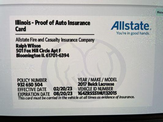 Insurance card My address is 201 CATALPA Dr., Bloomington, IL