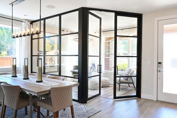 Create a room without construction or permits. Preserve natural light by utilizing glass walls and swing doors.