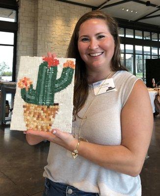 Beautiful cactus art mosaic by a workshop participant at the Barton Creek Omni Hotel.