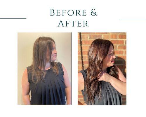 My Vomor Hand Tied Extension before and after pics. Service provided by Stephanie Boras at Soliel 7, Tallahassee, Florida.