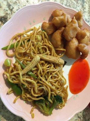 Vegetable Lo Mein with Sweet and Sour Chicken