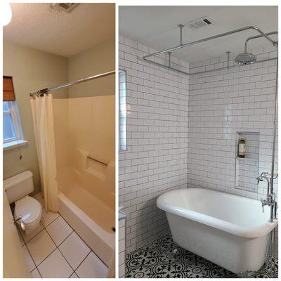 This fiberglass tub/shower had to go! Now it feels so open with a claw-foot tub, a shower curtain, and waterproofed walls and niche.