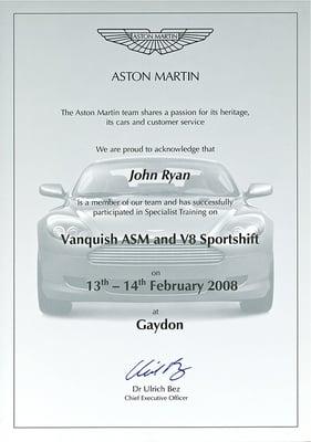 Aston Marting certificate of specialist training on Vanquish ASM and V8 Sportshift.