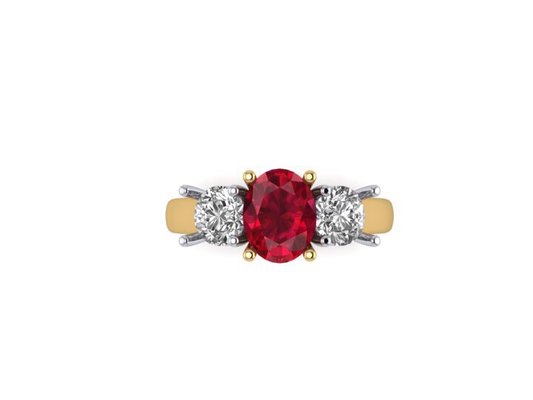 Handsome three stone ruby and diamond ring in 18k yellow gold and platinum