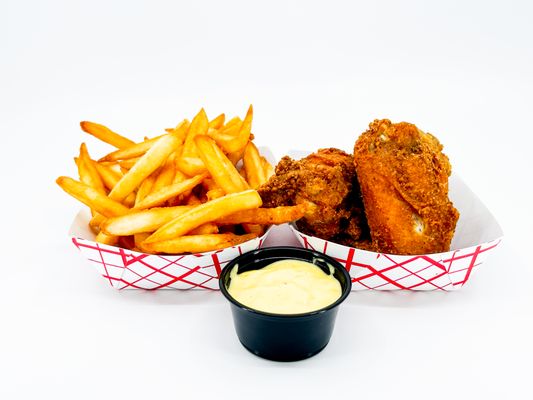 Hot Chicken Wings And Fries. 
Choose Your Spice Level... 
Mild | Hot | "Nashville Hot" or Spicy BBQ