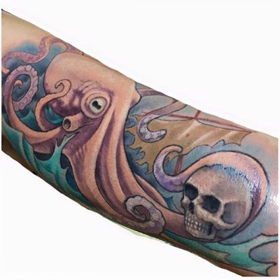 Octopus and Pirate ship tattoo by Christian DiMenna