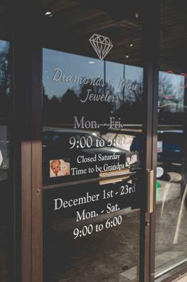 We are open Monday-Friday 9-5, with special holiday hours in December.