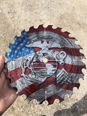 Grinded metal saw blade with EGA, US Flag and chevrons