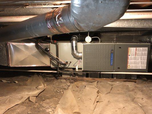 Attic American Standard furnace installation.  80% AFUE, 2 stage , variable speed motor.