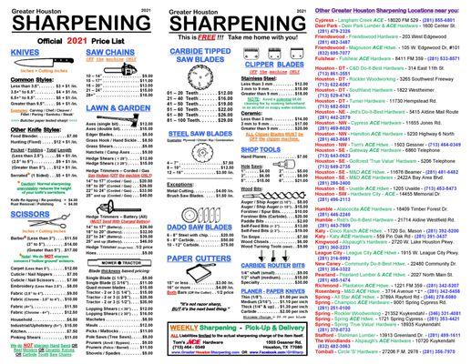 Greater Houston Sharpening @ Tom's ACE Hardware official 2023 GHS Price List OR see our site https://GreaterHoustonSharpening.com/Locations/