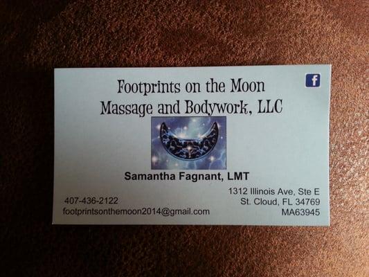 Business card for Footprints on the Moon Massage and Bodywork