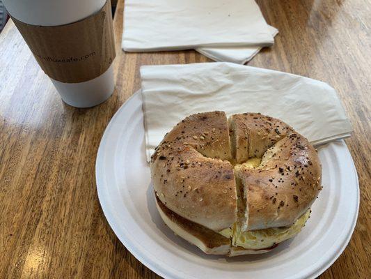 Bagel Scramble sandwich and Vanilla Latte