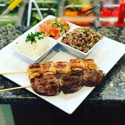 Kabobs, Rice, Brazilian Tropeiro Beans and Vinaigrette