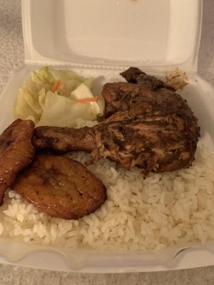 Jerk chicken, cabbage, sweet plantains and rice