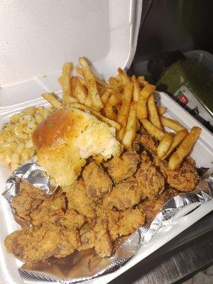 Chicken gizzards, Mac and cheese, fries