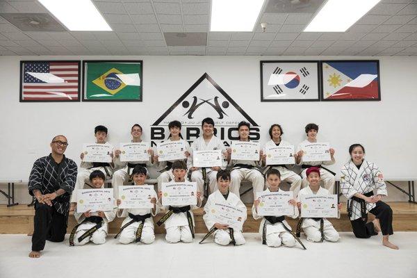 Congratulations to our newly promoted Junior and 1st Dan Black Belts! Training for their test the past few months with Mr. B and Ms. Ashlie.