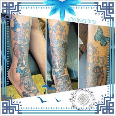 Black and Grey roses, elephant, mandala and blue butterfly tattoo by Jade. Custom designs at Lizard Lounge Tattoo