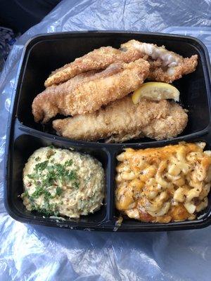 Fried catfish with potato salad, Mac & cheese(21)