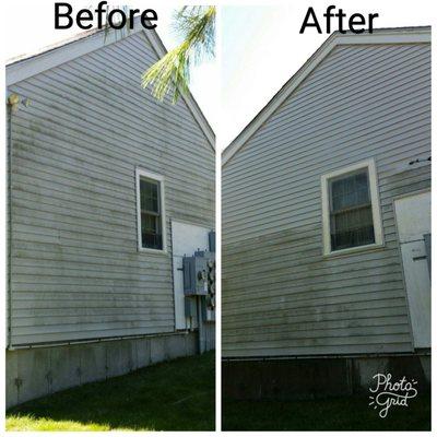 Before & After photo of Power Washing of building Facade