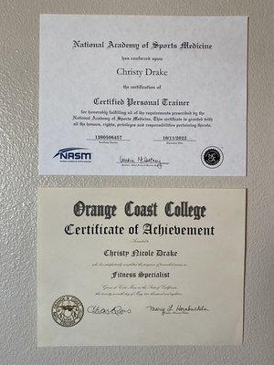 Certificates from both National Academy of Sports Medicine and Orange Coast College.