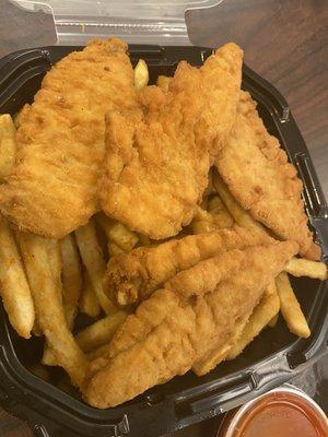 Chicken Tenders & Fries with Buffalo sauce.