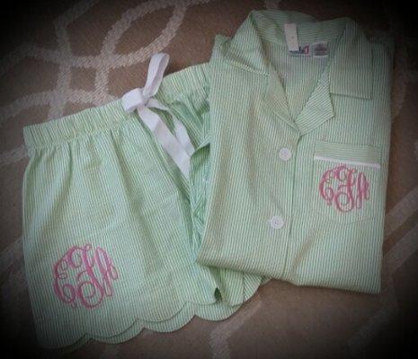 Seersucker monogrammed night shirts and shorts, the perfect graduation or shower gift!