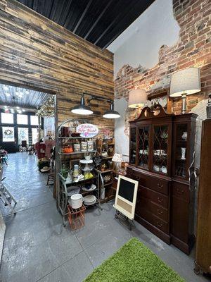 Vintage chalk board, vintage baker's rack, antique china cabinet, and some odds and ends