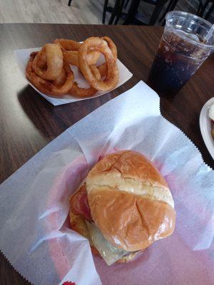 Bacon Swiss burger with onion rings