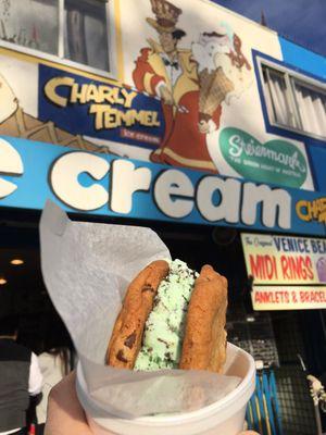 Chocolate chip cookie with mint chocolate chip cookie ice cream