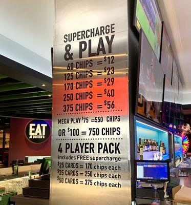 Dave and Buster's Pricing Menu