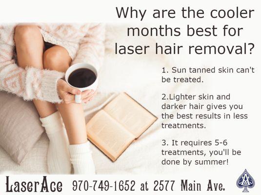 It's Laser Hair Removal Season!  During the summer months I have to tell clients to come back in the fall when their tan has faded.