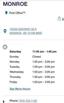 hours of operation for Monroe, Arkansas post office