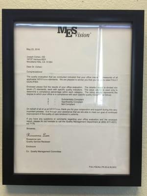 A perfect score in MES Vision comprehensive inspection with "Substantially Compliant" in every standard measure at our eye-care practice loc