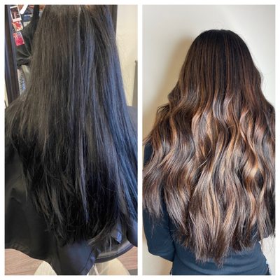 Before with store bought color to beautiful Carmel highlights!